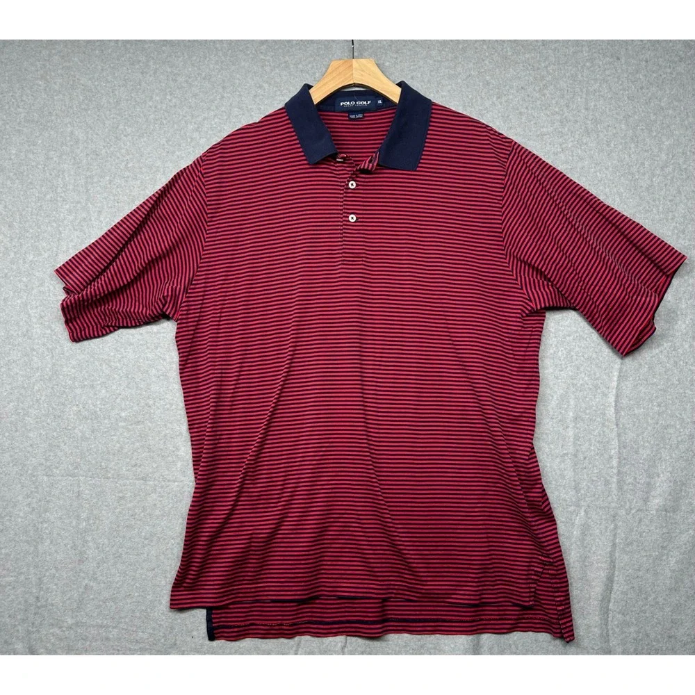 Polo Golf Ralph Lauren Mens Red Navy Stripe‎ Polo Shirt XL 100 Cotton